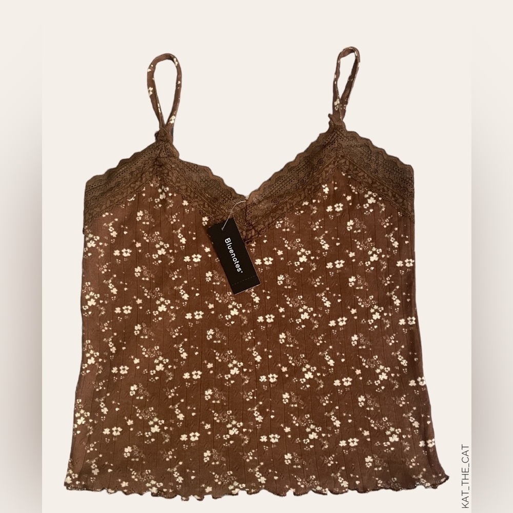 Bluenotes Women's Brown Tank Top with Lace Trimmed and Curly Hem in Medium